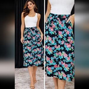 SAG HARBOR VINTAGE FLORAL RAYON MIDI SKIRT BUTTON FRONT MEDIUM